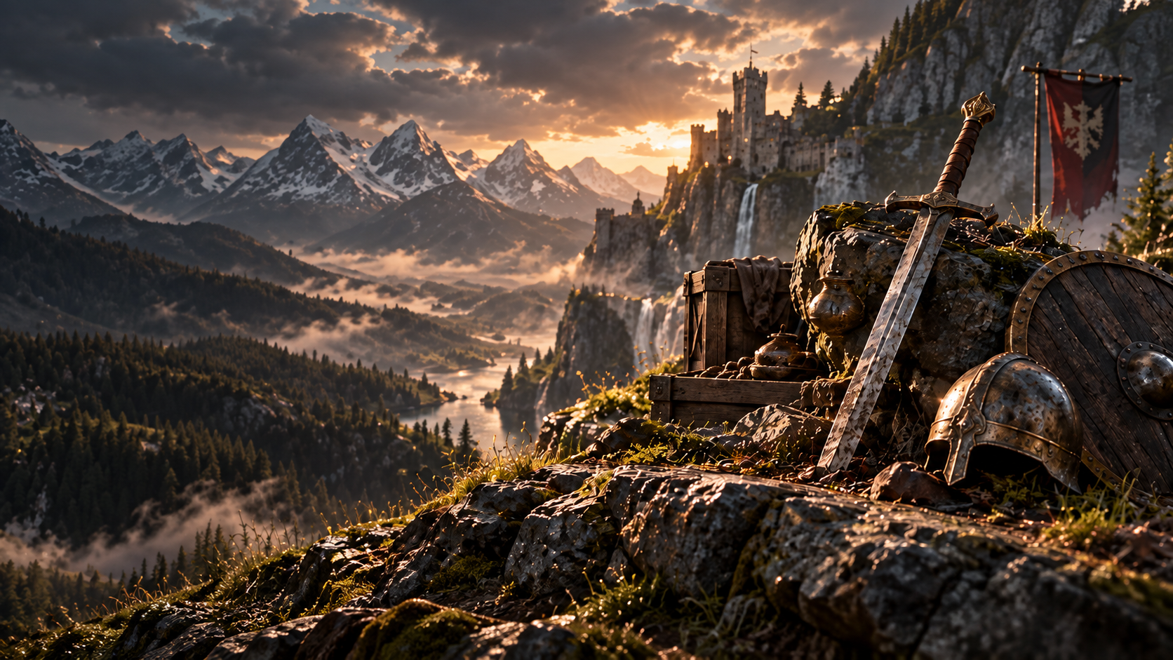 Cinematic rocky landscape with a metallic architectural monolith